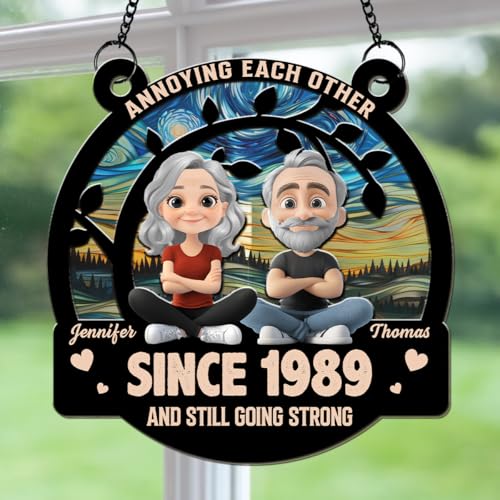 Wrappiness Couple Anniversary Suncatcher - Annoying Each Other Since Custom Windown Ornament with Hanging Chain for Wife and Husband, Personalized Birthday Gift for Him Her Wedding Home Decoration