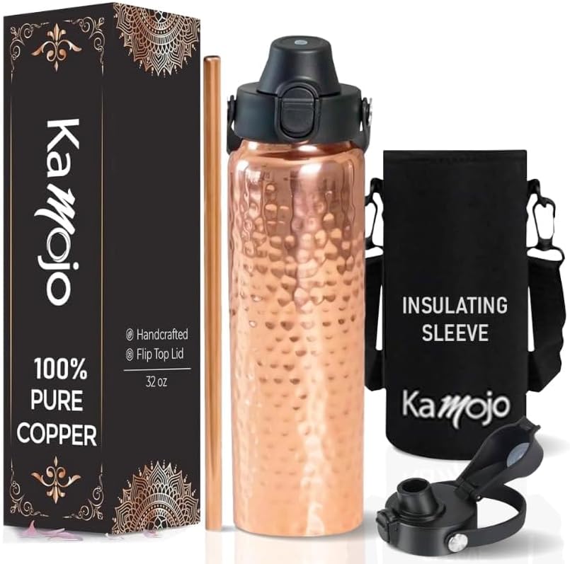 Copper Water Bottle for Drinking - Hammered 100% Pure Copper Tumbler with Push Button Lid, Removable Insulating Sleeve & Straw - Handcrafted 32 fl oz Ayurvedic Cup for Water