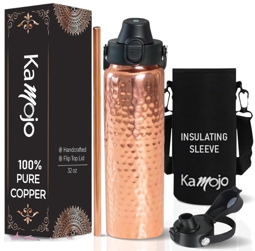 Kamojo Copper Water Bottle for Drinking - Hammered Copper Bottle with Push Button Lid, Removable Sleeve & Copper Straw - Hiking Gym Handcrafted Water Bottle for Men & Women 32 fl oz
