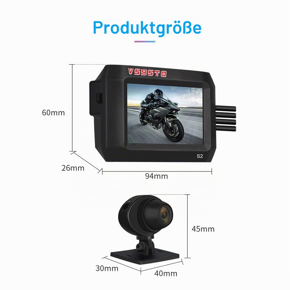 VSYSTO Motorrad-Dashcam, Duale 1080P-Front- und Rückfahrkamera 3-Zoll-IPS-Bildschirm 140 ° Weitwinkel WiFi-GPS-Ganzkörper-Wasserdichter mit Nachtsicht-Parküberwachung