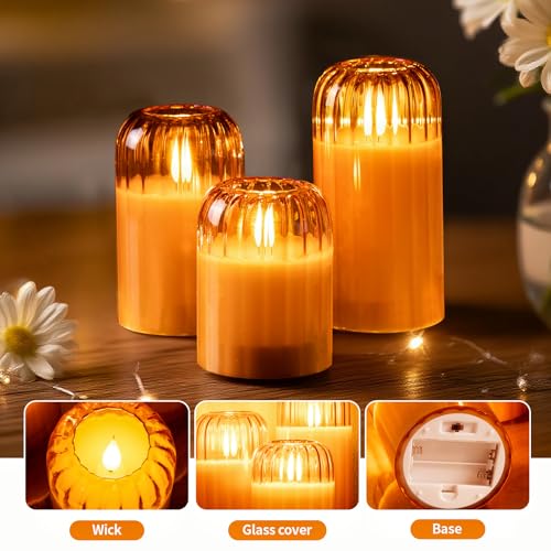 Image of Amber Ribbed Battery Candles - Glass Flameless Candles with Remote Timer, Orange LED Candles with Pumpkin Shape, Lasting 350 Hrs and Brightness Adjustment, Φ 3 inch H 4 inch 6 inch, Set of 3 for Halloween Decor