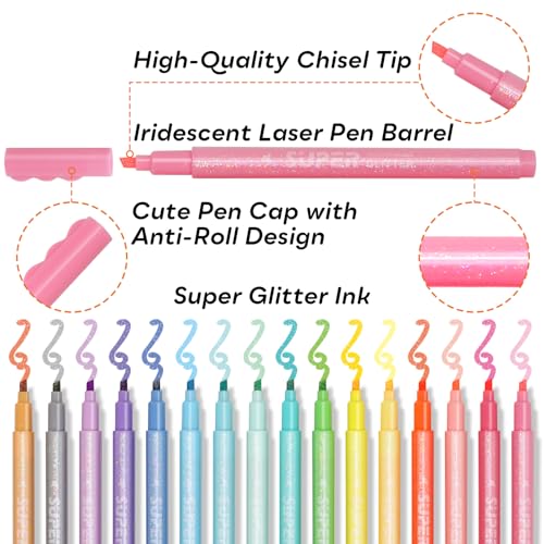 Glitter Highlighter Markers, 16-Count, Chisel Tip Glitter Highlighters Assorted Colors, Tween Teen Girl Gifts Trendy Stuff, Sparkly Marker Pens for Kids Adult Coloring Journaling Art Supplies