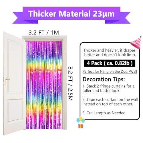 Image of Neon Rainbow Streamers Thicken 4 Pack 13.2x8.2 FT, Tinsel Backdrop Curtains for Birthday Decrorations, Foil Fringe Photo Backdrop for 80s 90s Disco Party Decorations