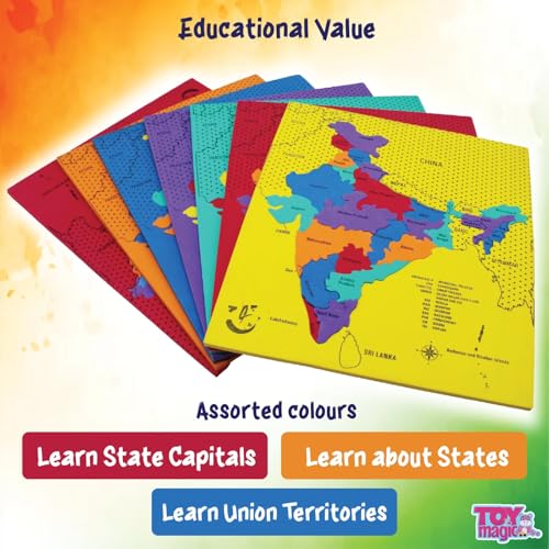 Image of ToyMagic India Capital Map Puzzle | Learn Indian States and Capitals, Geography for Kids,Learning & Educational Toys |Board Puzzle Game for | 25 Pieces Puzzles for Ages 4
