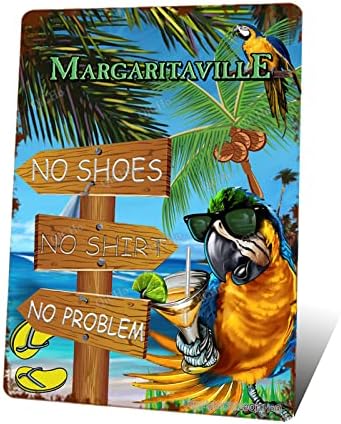 QiCHo Tiki Bar Sign, Margaritaville Wall Art, Retro Outdoor Wall Sign for Home Bar, No Shoes No Problem Design, 12x8 Inches Metal Sign, Tropical Colors