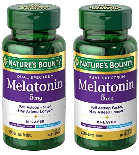 Natures Bounty Melatonin 5mg Dual Spectrum 100% Drug Free Sleep Supplement Quick Release and Extended Release Promotes Relaxation and Sleep Health 60 Bi-Layer Tablets (Pack of 2)