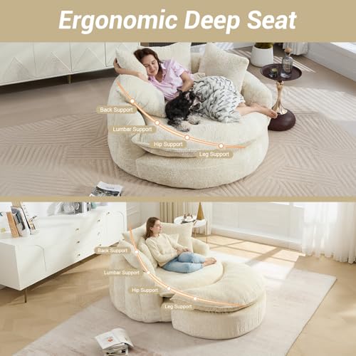 Image of 54 inch Round Chaise Lounge with Ottoman Big Bean Bag Round Sofa Bed Oversized Round Couch Boneless Reading Chair Comfy Plush Chenille Large Chaise Chair for Living Room, Apartment, Beige