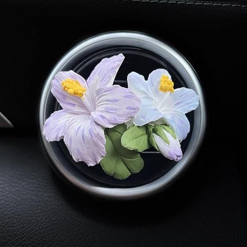 ミニカーエアベントクリップ、アロマストーンディフューザー、エアコン装飾クリップ、車用芳香剤、フレグランスディフューザーエアアウトレットクリップ、芳香器車内美的アクセサリー【精油5ml】ピンクオレンジ青紫のハイビスカス