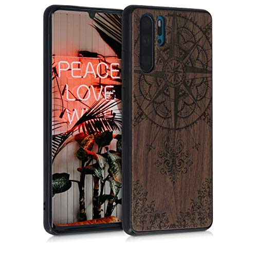 kwmobile Funda Compatible con Huawei P30 Pro - Funda de Madera de Nogal Rosa los Vientos marrón Oscuro