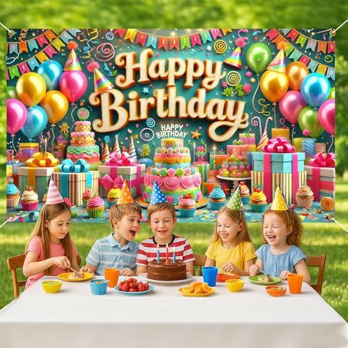 Image of Happy Birthday Backdrop Banner 70.8 x 43.3 Inch, Colorful Balloon Cake Pennant Flag Festive Party Decorations for Kids Boys Girls, Fun Photo Booth Background with Hanging Rope