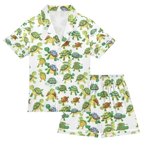 senya Cute Small Turtle Satin Summer Pajama Sets Silk Short Sleeve Button Down Sleepwear