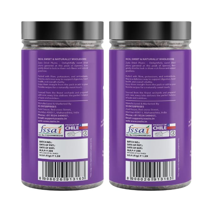Image of Zazio Dried Prunes | RICH, SWEET & NATURALLY WHOLESOME PLUMS | Antioxidant Rich, Super Food, Dried Prunes, Pitted Prune | 250gm (Pack of 2)