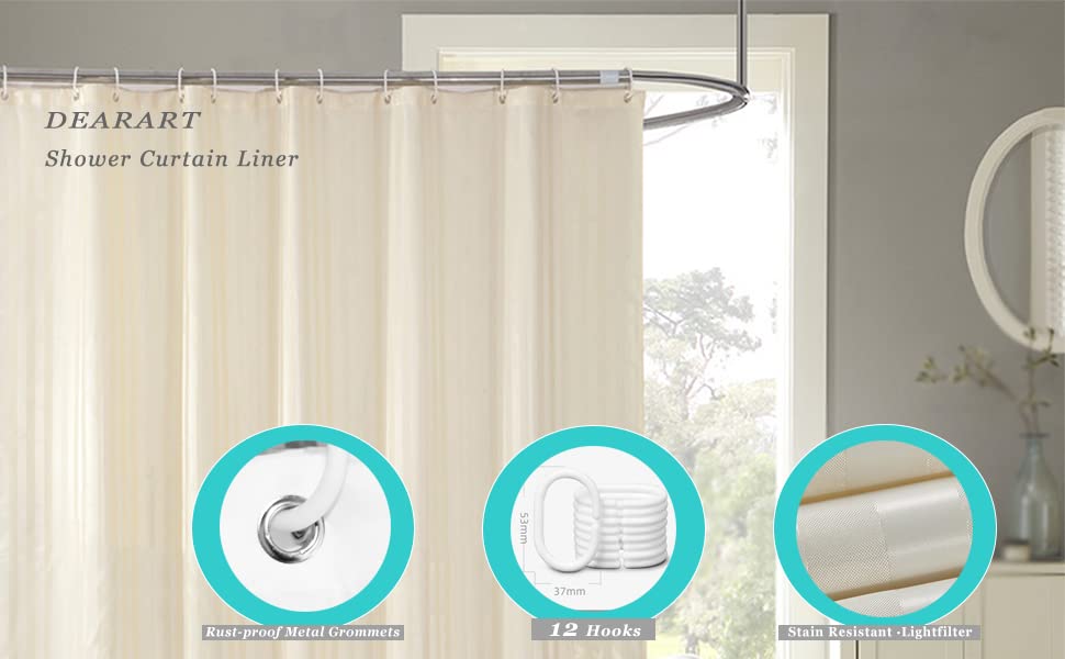 DEARARTBath Bright Beige Shower Curtain Liner for Bathroom, 60''W*72''L inch Fabric Shower Curtain Set with 12 Hooks, Easy Care Easy Clear 100% Waterproof Hotel Quality and Machine Washable