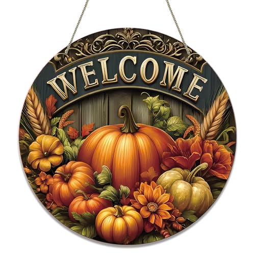 HEYINSHEN Fall Welcome Door Sign Thanksgiving Harvest Front Door Decor Autumn Pumpkins Farmhouse Welcome Wreath Sign for Home Welcome Fall Hanging Wall Sign for Thanksgiving Autumn Decorations