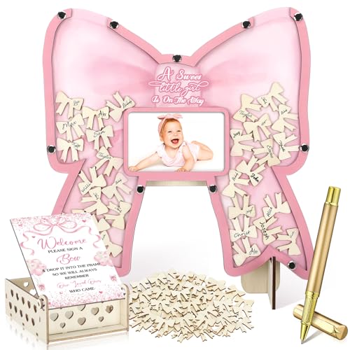 Image of Wenqik 63 Pcs Coquette Pink Bow Baby Shower Guest Book Alternatives Set Baby Shower Decorations with Photo Frame Sonogram Frame Keepsake 60 Wood Slices Guest Book for Birthday