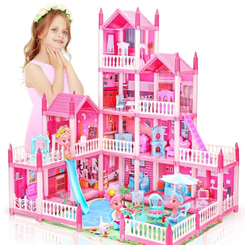 Image of Dollhouse with 4-Story 11 Rooms, Dream Gift Princess Doll House Playset with Furniture Pool Slide, Pink Toddler Toy House for 3 4 5 6 7 8 9 10 Year Old Girls