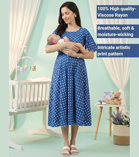 Image of DUMMY SHAPE Feeding Kurtis for Women Cotton Blend | Floral Pregnancy Flare Kurta with Dual Nursing Zippers to Pre & Post Partum | Maternity Dresses | Gifts for Pregnant Woman