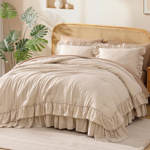 Image of AMBERSPACE Queen Comforter Set Gingham Ruffle Tan 7 Pieces Bed in a Bag