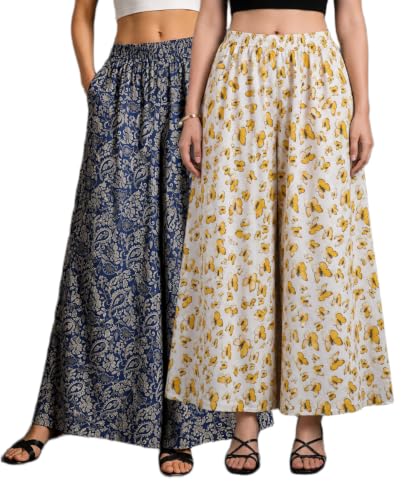 Image of Women Printed Palazzo Pants Combo Pack of 2, Comfortable Elastic Waist Lounge Pants for Women | Relaxed Fit, Loose Fitting Wide Leg Palazzo Pants, Casual Bottom (Available in S to 3XL Size)