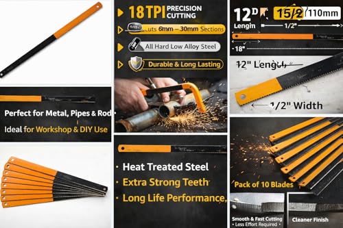 Image of 12 Inch Double Edge All Hard Hacksaw Blades 18 TPI Pack of 10 | Double-edge carbon steel blades for cutting metal sections, rods, pipes and general workshop applications.