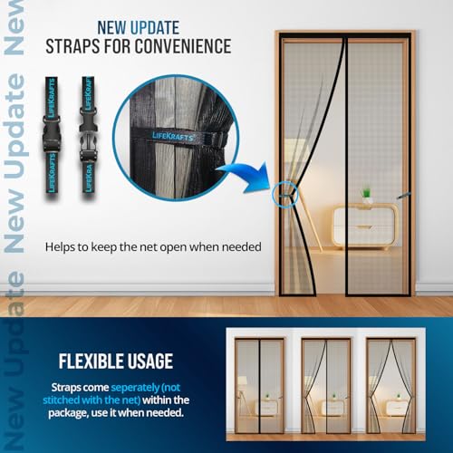 Image of LifeKrafts Mosquito Net Curtain for Door | Magnetic Closure, 120 GSM Fiberglass Material, Black (200x100 cm)