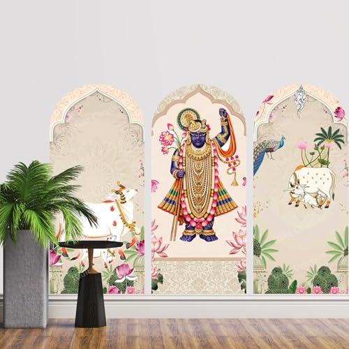 Image of Ridit Creation Shrinathji Wall Poster | Traditional Indian Pichwai Art with Cow & Peacock | 3 Panel Arch Style Spiritual Wall Decor for Pooja Room