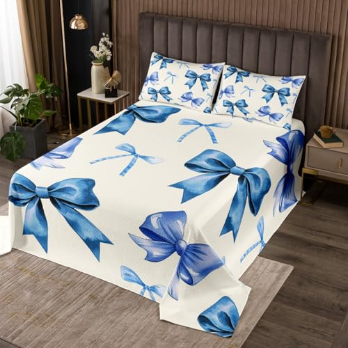 Erosebridal Navy Blue Bow Bedspread Set Queen Size,Watercolor Ribbon Bowknot Coverlet Set for Kids Girls Teens,Coquette Bowtie Bed Set for Bow Lovers