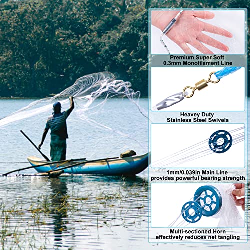 American Fishing Cast Net Saltwater Freshwater, 3/5Inch(0.6Inch) Mesh Size Casting Net For Bait Fish,Strong Zinc Sinker, 6Ft Radius Throw Cast Net #TOP3