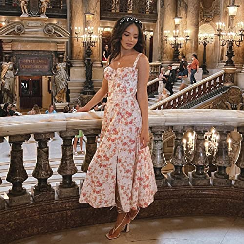 Image of ABEHIK Women Floral Corset Dress Summer Dress 2026 Boho Flowy Slit Lace Up Midi Dresses Going Out A Line Casual Sundress