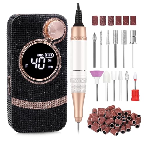 Electric Nail Drill,40000RPM Cordless Nail File Diamond with 12 Drill Bits for Acrylic Nails Gel Polishing,E File Nail Kit Machine for Manicure Salon Home (Black Diamond)