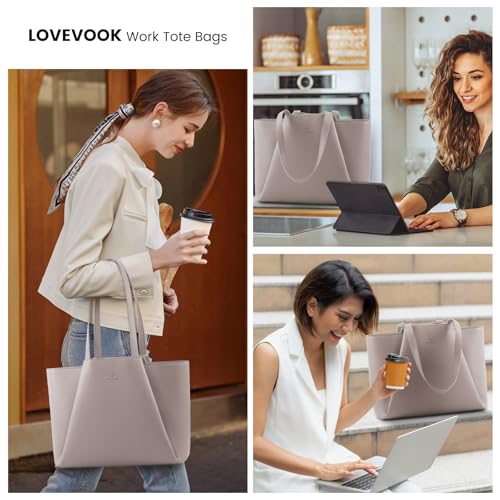 Image of LOVEVOOK Laptop Tote for Women - 15.6 Inch Faux Leather Laptop Bag with Clutch, Large Capacity Office Purse Computer