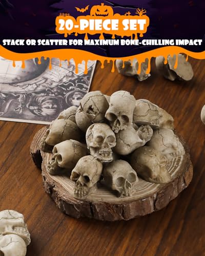 Image of Uniclife 20 Pcs Halloween Mini Skull Decorations, Halloween Fish Tank Decor, Realistic Resin Mini Skulls Figurines for Party Crafts Bar Home, Vase Fillers, Miniature Skeleton Head Table Decor