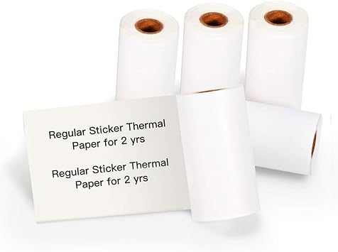 White self-adhesive thermal paper 50mm x 3.5m, 5 rolls Compatible for Phomemo M02/T02/P2S/M03/M04S & Vretti TP2/TP6 printers. Glossy printable sticker paper, suitable for notes, lists, and stickers