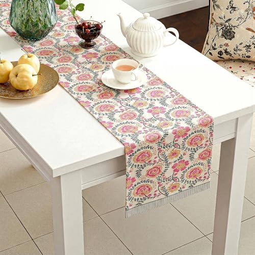Image of Kuber Industries 13x72 Inch Dining Table Runner for Home Decor | 6 Seater Cotton Table Protecter Use for Kitchen & Buffet Cabinet | Flower Print - White & Pink