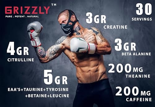 Image of Grizzly Nutrition True Legend Olympian Grade 450 Grams+30Gr Energy Caffeine Pack Pre Workout Powder Supplement for Men & Women, Focus & Muscle Pump Formula with L-Citrulline, Beta Alanine, Creatine & Caffeine Pack, Citrulline, Theanine, EAA +21 Power Boosters, Watermelon Tequila, Lab Researched Formula