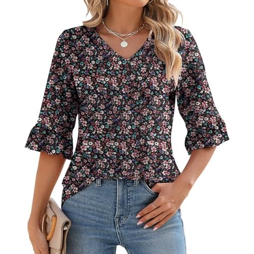 LOMON Womens 3/4 Sleeve Tops Summer Loose V-Neck Shirts Dressy Casual Ruffle Sleeve Tunic Blouses