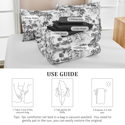 Image of DJY Black Comforter Set Queen, 7 Pieces Black and White Botanical Comforters Queen Size Elegant Plants Print with Sheets Bed in a Bag Soft Microfiber Reversible Complete Bedding Sets for All Season