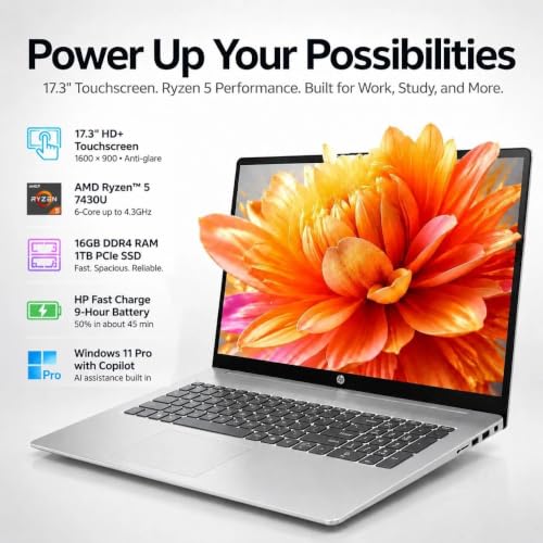 Image of HP 17-inch Touchscreen Business Laptop, AMD Ryzen 5 7430U, 128GBRAM 8TB SSD