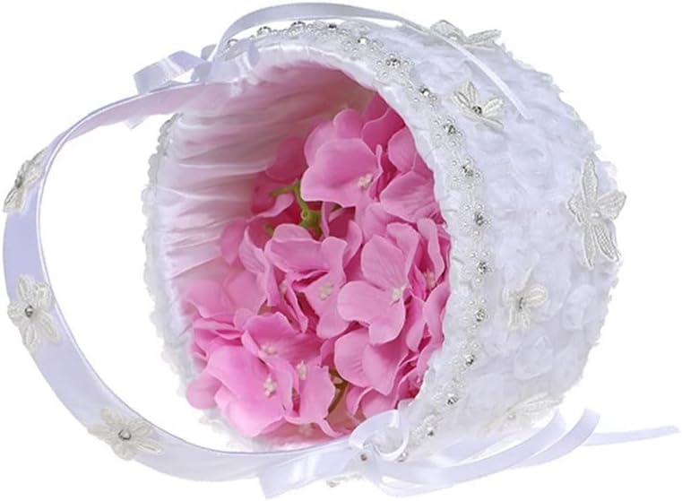 Flower Basket Suitable Wedding Ceremony Satin Girl Baskets Handle Lace Flowers Bows Decor