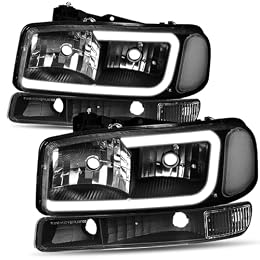 Headlight Assembly with Bumper Lamps Compatible with GMC Sierra Yukon XL 1500 2500 3500 HD 99-07 LED DRL Tube Left Right Headlights GM2502214 GM2520174 GM2521174 CAAP-SIERRA99-LB2-BKCL-HL