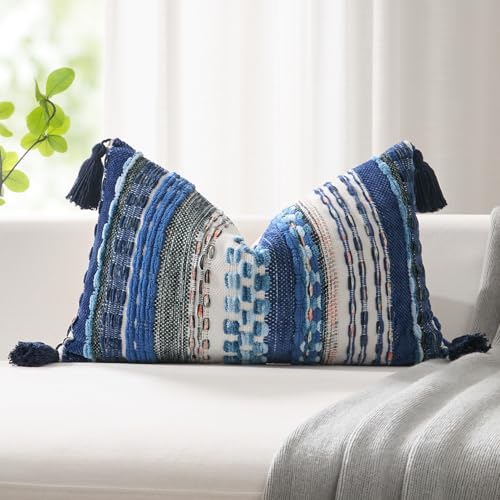 Kevin Textile Boho Tufted 12x20 Inch Lumbar Pillow Cover 1 Pack, Blue