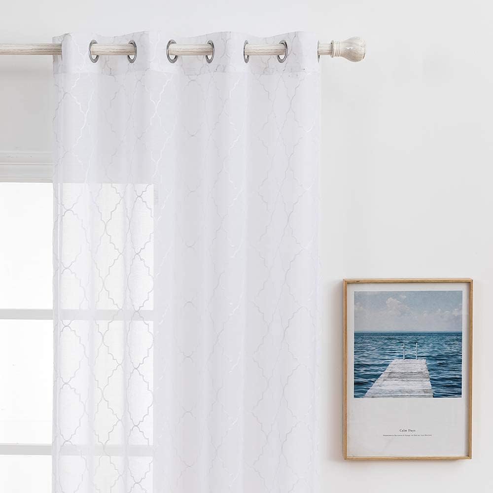 MIULEE White Semi Sheer Curtains with Embroidered Moroccan Tile Design for Bedroom Living Room Grommet Linen Textured Window Drapes for Light Filtering 2 Panels W 54 x L 84 Inches
