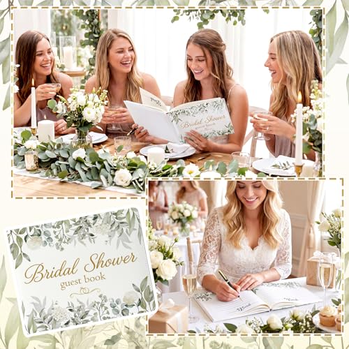 Image of Patelai Bridal Shower Guest Book Sage Green Wedding Anniversary Party Decorations Bridal Shower Leather Guest Book with Pen, 112 Pages