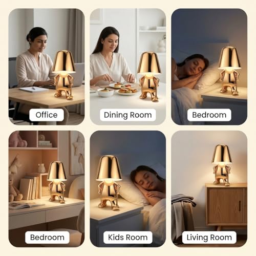 Image of Table Lamp 3-Color CCT (Warm + Natural + Cold White) Gold Metal Figurine LED Touch Dimmer USB-C Rechargeable Lamp for Living Room Bedroom