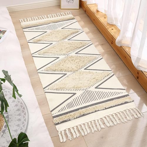 Image of Hand Woven 100% Natural Cotton Export Quality Designer Rug,Carpet, Bed Side Runner for Bedroom,Living Room, Size-2x5 feet or 60 cms x 152 cms (White Triangle)