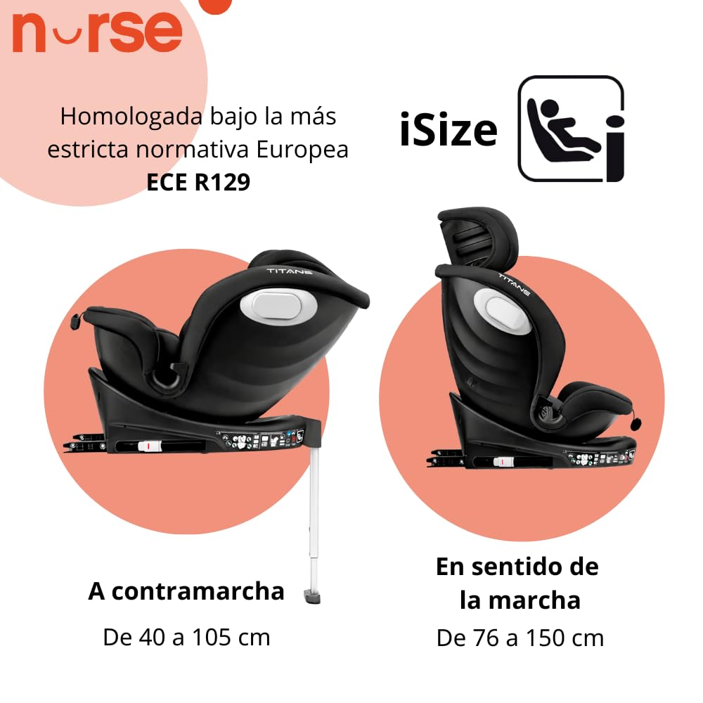 Nurse Titane Silla de Coche i-Size 40–150 cm, 360º, ISOFIX y Pata de Apoyo, A Contramarcha y Cara Marcha, Protección Lateral, Negro