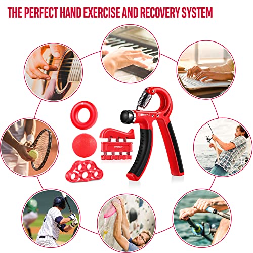 Hand Grip Strengthener Workout Kit (5 Pack) FitBeast Forearm Grip Adjustable Resistance Hand Gripper, Finger Exerciser, Finger Stretcher, Grip Ring & Stress Relief Grip Ball for Athletes (Red)