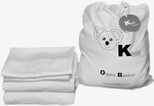 100% Organic Bamboo, Silky Luxury 4 Piece Bedding Set | Duvet Cover, Deep Fitted Sheet & 2 Pillowcases by Koala (White, Double)