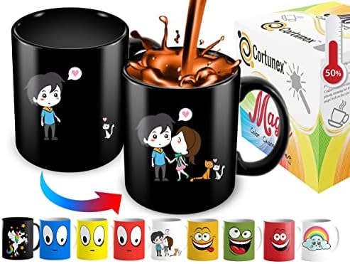 Cortunex Heat Changing Mug - Add Coffee or Tea and The Lovely Couple And Cats Appears - Comes in a Fun Gift Box - Black Mug