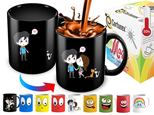 Cortunex Heat Changing Mug - Add Coffee or Tea and The Lovely Couple And Cats Appears - Comes in a Fun Gift Box - Black Mug